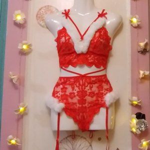 Red Floral Lace (M) Ms Clause Two Piece Lingerie Set Maraboo Trim & Garter Strap
